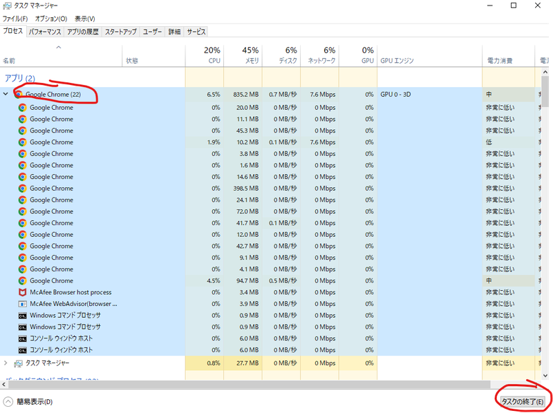 Windowsのタスクマネージャーでブラウザ名を選んで終了を押す画面