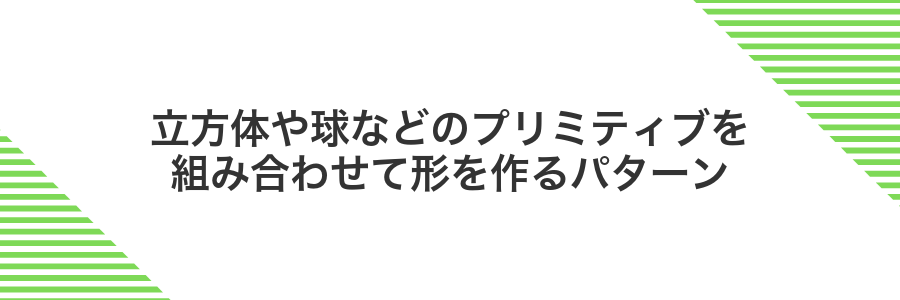 立方体や球などのプリミティブを組み合わせて形を作るパターン